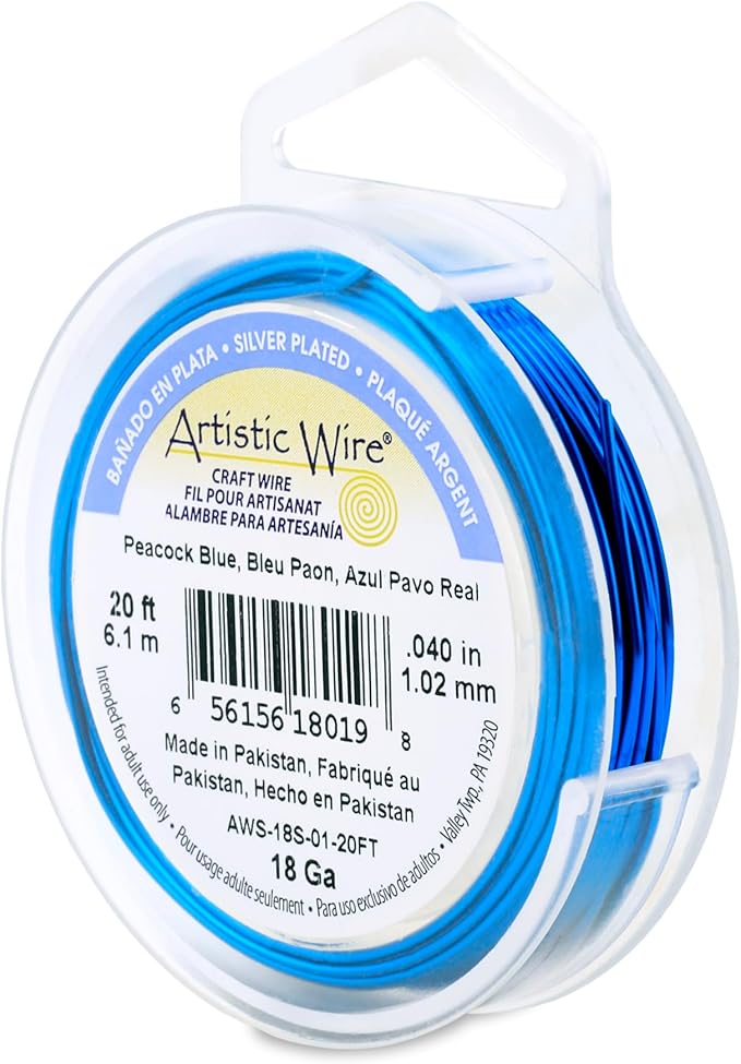 Artistic Wire, 18 Gauge Silver Plated Tarnish Resistant Colored Copper Craft Wire, Peacock Blue, 20 ft