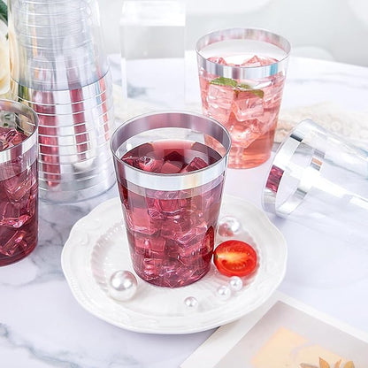 DaYammi 200 Pack Silver Plastic Cups 10 Oz Clear Plastic Cups Silver Rimmed Disposable Wine Glasses Heavy Duty Disposable Tumblers Drinking Cocktail Glasses for Party Wedding