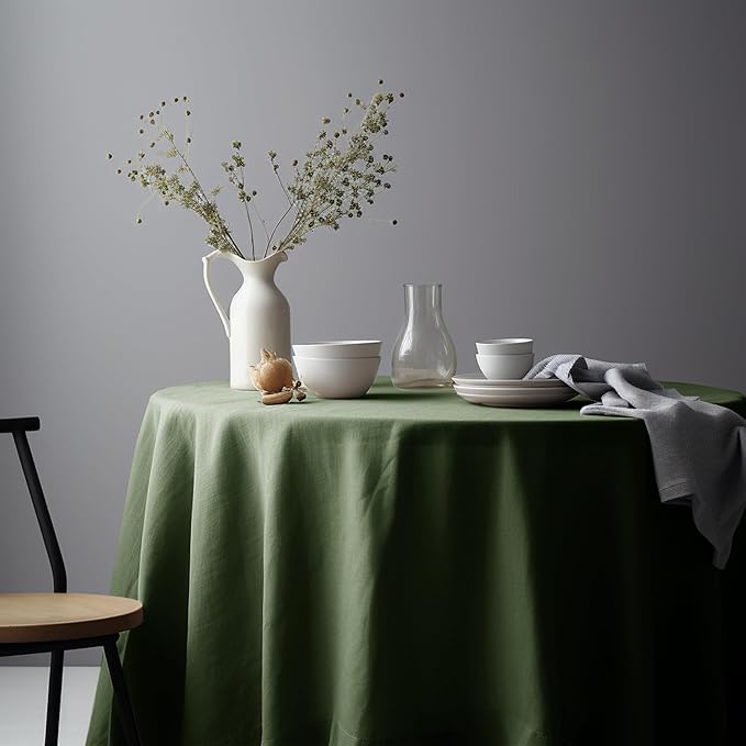 EVERLY 100% Pure Linen Round Tablecloth 90Inches for Dining,Buffet Parties,Picnic,Events,Weddings and Restaurants,Decorative Halloween,Thanksgiving Machine Washable Tablecloths-Olive Green