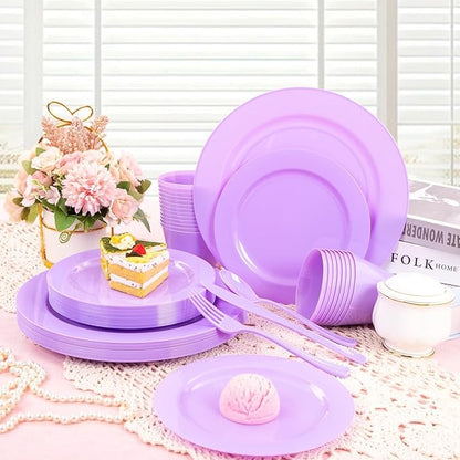 KIRE 150 PCS Purple Plastic Plates - Purple Dinnerware Set Disposable 25 Dinner & 25 Salad Plates 25Forks 25Knives 25Spoons 25Clear Cups for Birthday/Baby Shower