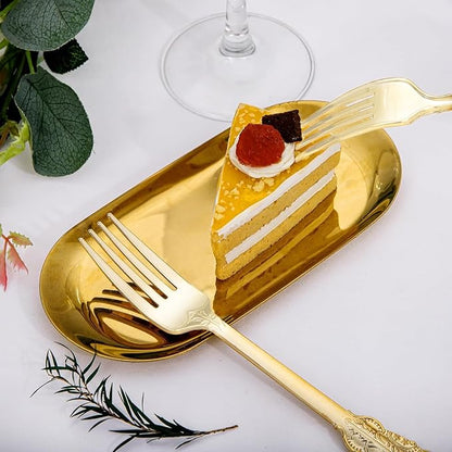WDF 100 Piece Gold Forks Disposable - 7.48 Inch Gold Plastic Forks - Baroque Plastic Silverware for Dessert Cake - Heavy Duty Thanksgiving for Party, Wedding or Daily Using