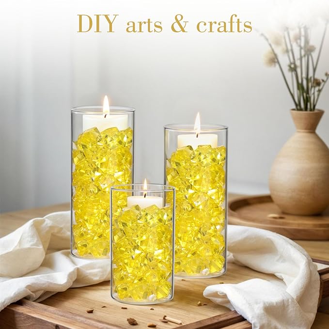 DomeStar Yellow Fake Ice Rocks, 150PCS Acrylic Gems Crystals Plastic Diamonds Fake Ice Cubes for Vase Fillers DIY Craft Wedding Photography Prop Display Table Scatter Home Amalfi Coast Decorations