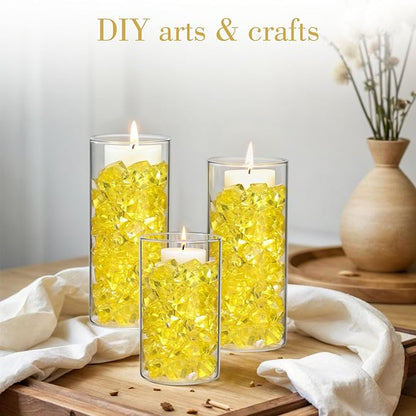 DomeStar Yellow Fake Ice Rocks, 150PCS Acrylic Gems Crystals Plastic Diamonds Fake Ice Cubes for Vase Fillers DIY Craft Wedding Photography Prop Display Table Scatter Home Amalfi Coast Decorations