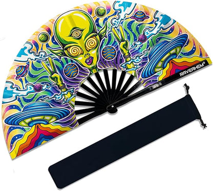 13" Large Rave Fan Bamboo, Folding Clack Hand Fans Foldable for Men Women, Boots on the Ground Poping Fan for EDM Festival Line Dance Decoration, (Alien, Large 13")