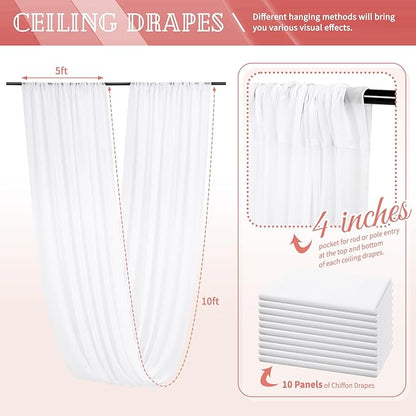 10 Panels White Ceiling Drapes for Wedding 5ftx10ft Sheer Drapery Chiffon Fabric Arch Draping Curtains for Party Ceremony Birthday Baby Shower Reception Stage Ceiling Decorations