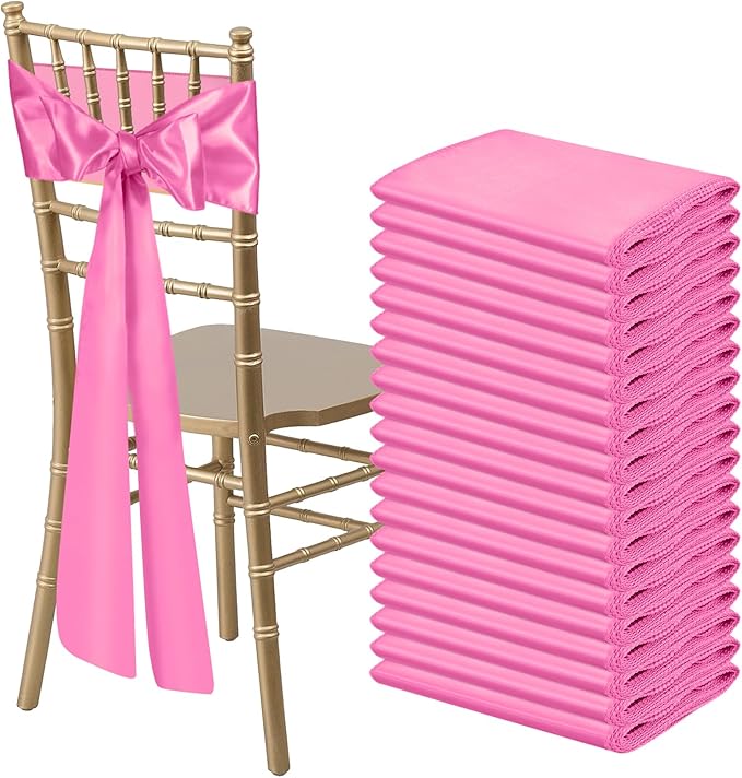 50 PCS Pink Satin Chair Sashes Bows Universal Chair Ribbon Ties Back Sash for Wedding Party Reception Events Banquets Hotel Event Chair Cover Decoration (7x108 inch)