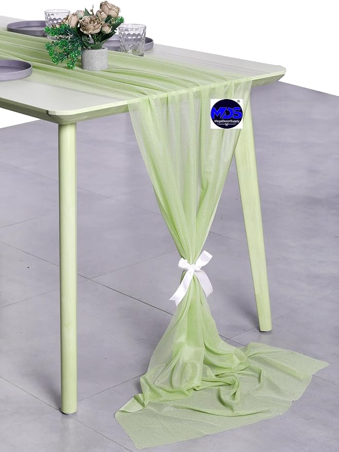 MDS 25 Pack 10ft Chiffon Table Runner 29 x 120 Inches Sheer Wedding Runner Romantic Rustic Table Runner for Wedding Decorations, Birthday Parties, Bridal Shower Party Arch Decor - Sage Green