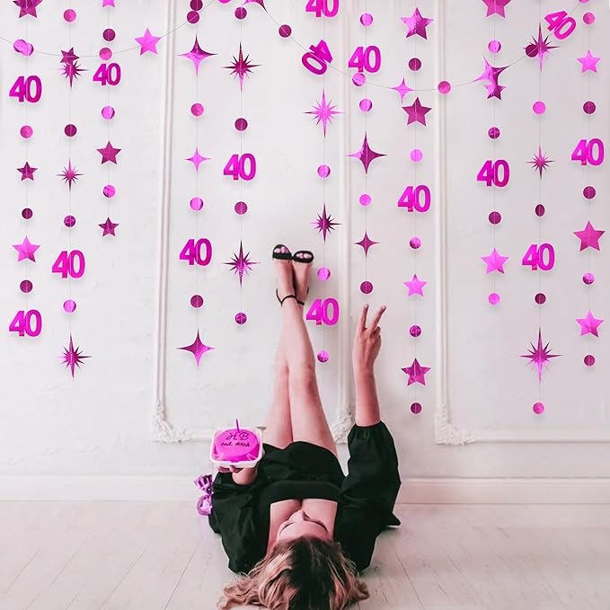 Hot Pink 40th Birthday Decorations Number 40 Circle Dot Twinkle Star Garland Metallic Hanging Streamer Bunting Banner Backdrop for Women Cheers to 40 Years Old Bday Forty Anniversary Party Supplies