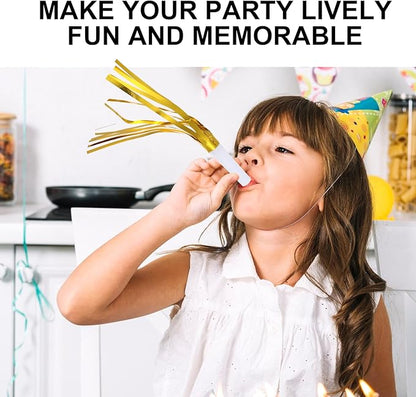 24 Pcs Party Horns, Party blowers Noise Makers, Graduation Noise Makers Glitter Metallic Fringed Birthday Blowers for Wedding Birthday Graduation Ceremony Festival (6 Colors)