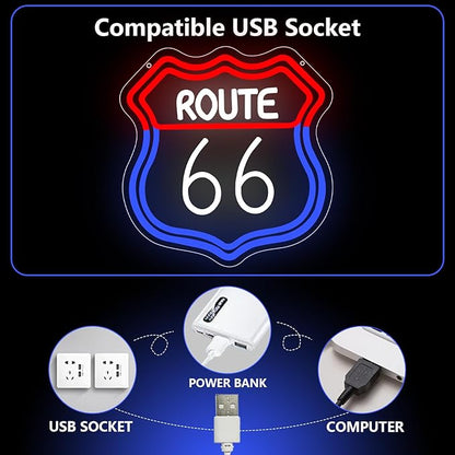 Route 66 Neon Sign, Route 66 Light up Sign Led Neon Light Signs for Wall Decor Party Decorations Home Bedroom Man Cave Birthday Christmas Gift Dimmable USB Powered(12.6" × 12.1")