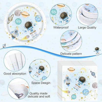 452 Pcs Space Themed Party Decorations for 50, Blue Space Astronaut Paper Plates Napkins Cups Tablecloth Cutlery Straws for First Trip Around The Sun Planet Birthday Baby Shower Party Supply
