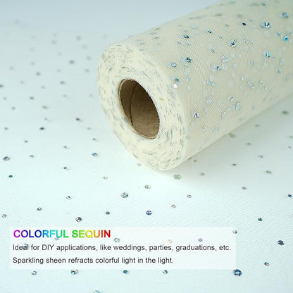 Glitter Tulle Rolls, 6' by 50 Yards (150FT) Sequin Tulle Netting Fabric for Tutu Skirts Sewing Birthday Wedding Party Decoration (Ivory)