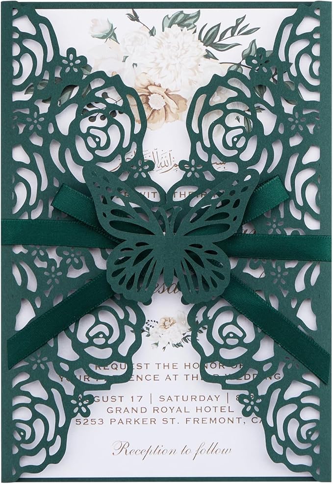 Emerald Green Wedding Invitations with Envelopes and Rsvp Cards, Blank Inner Cards, Ribbons, for Wedding Baby Shower Quinceañera Party Invitations 50 Sets