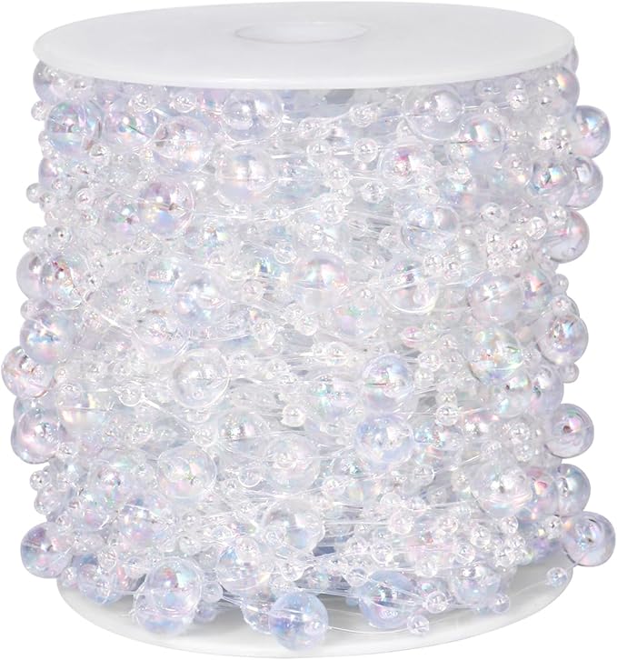 98FT Pearl Beads String Garland, 8mm 3mm Iridescent Faux Pearl Beads Roll Strand Bulk for Wedding Party Flower Christmas Decoration DIY Craft