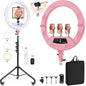 22" Foldable Ring Light with Stand for iPhone ipad, 75" Tripod with Wheels 50W 6500K LED Display/2 USB Ports Large Ringlight Rolling, Tattoo Barber Makeup Studio Video Photography Lighting(Pink)