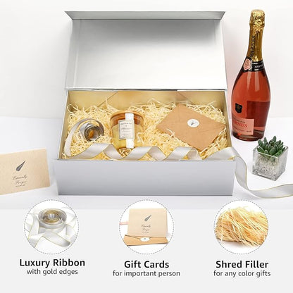 LIFELUM Large Gift Boxes with Lids,2 Pack 13.85 x 8.35 x 4.45 inch Silver Gift Boxes with Ribbon, Card, Shredded Paper Filler Gift Boxes for Presents,Graduation,Christmas,Birthdays