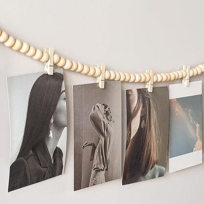 Mkono Hanging Photo Display with Clips, Boho Wooden Bead Garland Banner, Collage Card Picture Kids Art Holder String with 10 Clips for Christmas Bedroom Dorm Decor, Teen Girl Gifts, Brown, 2 Pack
