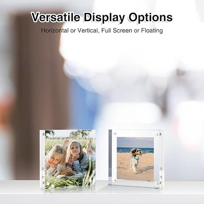 HOUSE DAY Acrylic Picture Frames 4x4, 3 Pack Magnetic 4 x 4 Picture Frame, Double Sided Clear 4x 4 Photo Frame with Microfiber Cloth, Frameless FreeStanding 4x4 Frame Gift for Desktop Display