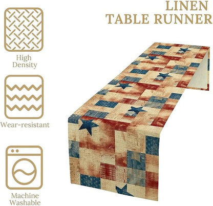 4th of July Table Runner, Rustic Vintage Country Red White Blue American Stars Independence Day Print Table Cover for Farmhouse Kitchen Dining Table Decor, 13x70inch