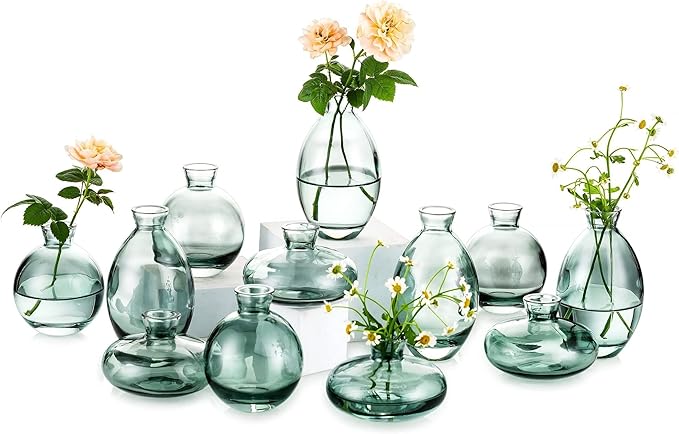 Glass Bud Vase for Centerpieces: 12Pcs Glasseam Green Mini Small Vases for Flowers Bulk Flower Vase Set Aesthetic Cute Handmade Tiny Short Wedding Table Centerpiece Decor