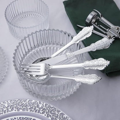 BUCLA 600PCS Silver Plastic Silverware - Heavy Duty Disposable Plastic Cutlery - Include 200 Forks, 200 Spoons, 200 Knives in Silver for Parties, Weddings & Christmas