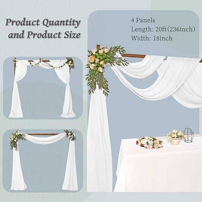 8 Panels Wedding Arch Draping Fabric 28" x 20Ft Wedding Arch Drapes Chiffon Fabric Drape Sheer Backdrop Curtain for Weddings Party Swag Ceremony Birthday Arbor Drapery Reception Ceiling Décor(White)