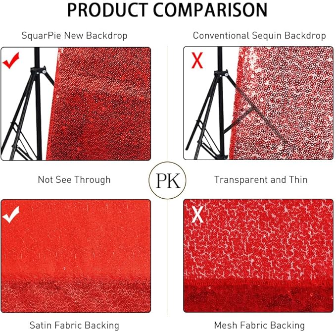 SquarePie Sequin Backdrop Less Transparent Background Sparkly Curtain for Wedding Christmas Party 6FT x 6FT Red