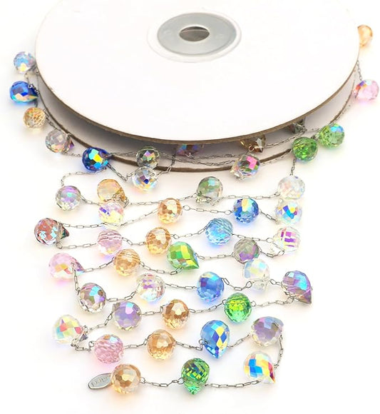 Christmas Garland, 9.8Ft Crystal Glass Beads Strands, 100pcs 10mm Faceted Waterdrop Glass Beads Hanging Ornament for Christmas Tree Centerpieces Wedding Party Decorations (Multicolor)