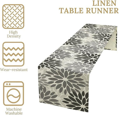 Gray Dahlia Flower Table Runner, Vintage Modern Linen Geometric Pattern Floral Table Runner Spring for Farmhouse Kitchen Dining Party Holiday Party, 13x108 Inch