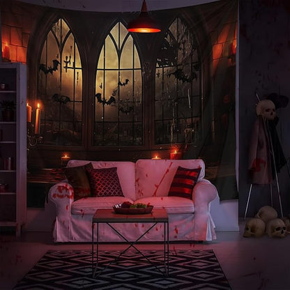 QGHOT Halloween Tapestry Wall Hanging Horror Castle Window Tapestry Gothic Spooky Backdrop Vampire Medieval Tapestries for Bedroom Living Room Dorm Wall Art Decor (104"x78.7")