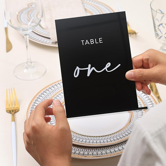 UNIQOOO Black Wedding Double Sided Table Numbers with Stands 1-15 set, 5x7'' Acrylic Signs with Holders and Printed Calligraphy, Seat Display Wedding Decor Perfect for Centerpiece, Reception