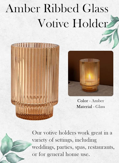 Serene Spaces Living Amber Ribbed Glass Votive Holder, Decorative Centerpiece for Wedding, Christmas, Thanksgiving, Party, Dining Table, Living Room, Home Décor, Measures 3.25" Diameter and 5" Tall