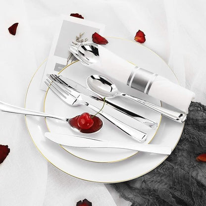 Supernal 60 Pack Silver Plastic Silverware,Pre Rolled Silverware,Premium Disposable Silver Cutlery,Suit for Wedding,Catering Event,Birthday,Party