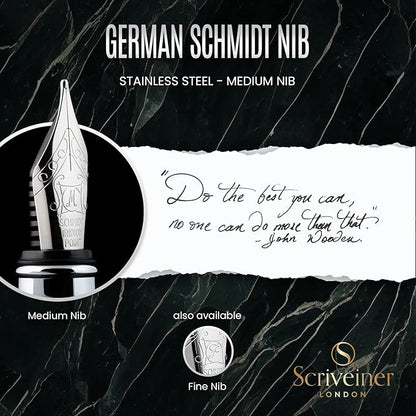 Scriveiner Black Green Fountain Pen - Stunning Luxury Pen with Chrome Finish, Schmidt Nib (Medium), Best Pen Gift Set for Men & Women, Professional, Executive, Office, Nice Pens