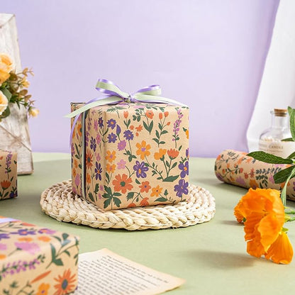 WRAPAHOLIC Kraft Floral Wrapping Paper Roll - Mini Roll - 17 Inch x 16.5 Feet - Vintage Flower Wrapping Paper, Perfect for Wedding, Birthday, Bridal Shower, Tea Party