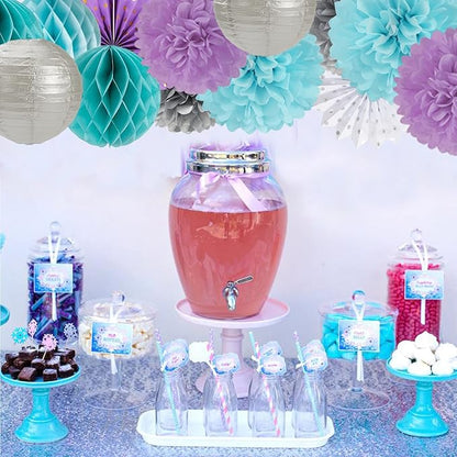 Purple-Blue Silver Frozen Christmas Party Decorations - 14pcs Winter Girl Birthday New Year Paper Lanterns Fan,Tissue Pom Poms Streamers,Honeycomb Balls,Mermaid Baby Shower Decor Lasting Surprise