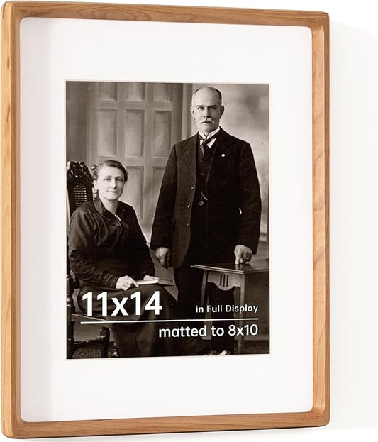 11x14 Picture Frame USA-Sourced Natural Cherry Wood Solid Original Wood Photo Frame Rounded Corner with Mat to 8x10 Picture Display with Real Glass Family Picture, Wedding Picture, Photo, Certificate