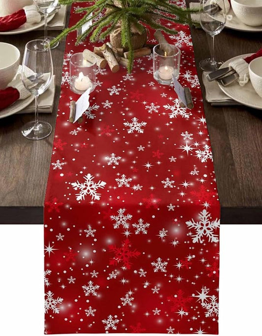 Christmas Snowflakes Cotton Linen Table Runner for Dining Kitchen, Red Xmas Winter Snow Wedding Outdoor Party Tablerunners Decoration, New Year Dresser Scarf Coffee Tablecloth Runners 13x60 Inches