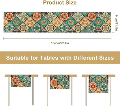 Bohemian Patchwork Table Runnerboho Colorful Tile Patchwork Indian Floral Print Table Runner for Home Kitchen Indoor Outdoor Party Wedding Decor, 13x90inch