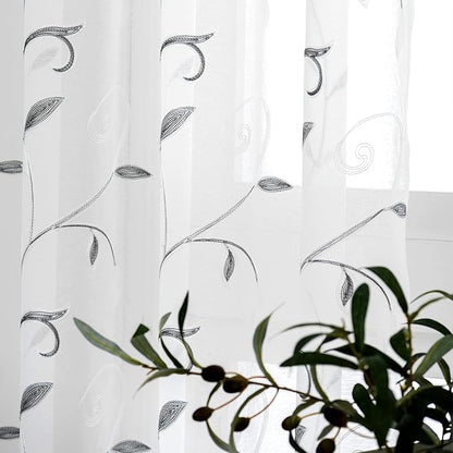 VISIONTEX White Sheer Voile Curtains Loop Embroidered, Decorative Grey Leaves Embroidery Faux Linen, Rod Pocket Window Drapes for Rustic Farmhouse Bedroom 54 x 84 Inch, Set of 2 Panels