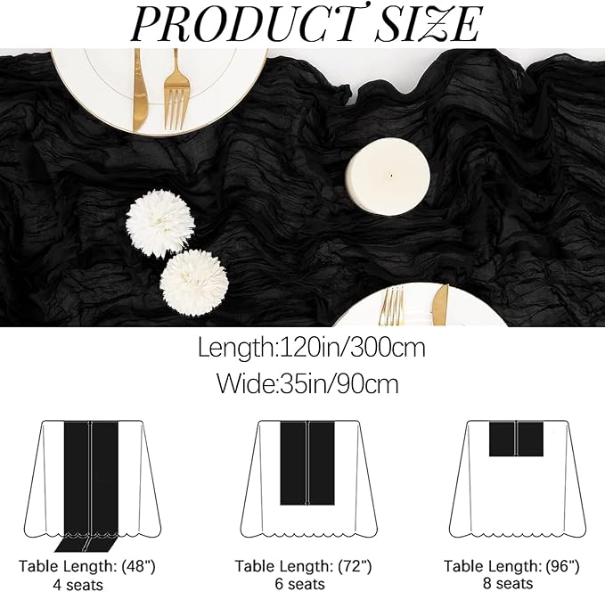 16PCS Black Cheesecloth Table Runner 10FT 35x120Inch Boho Gauze Cloth Long Rustic Sheer for Wedding Party Baby Bridal Shower Decor
