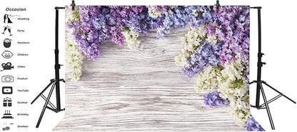 5x3ft Newborn Baby Wooden Plank Photography Backdrops Purple Lilac Flowers Bloom Bouquet Wooden Wall Girls Adults Portrait Photo Background Parties Events Decor Wallpaper Photo Studio Props