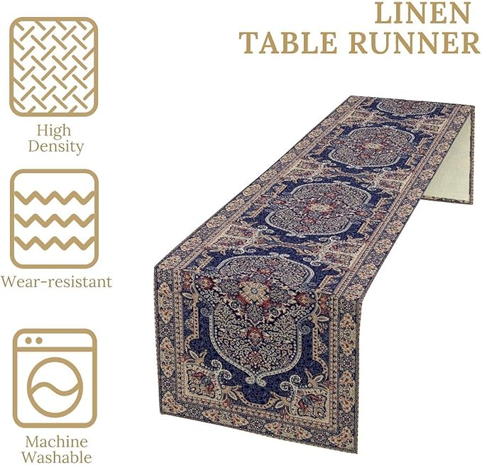 Boho Floral Vintage Table Runner, Blue Purple Retro Flower Rustic Country Farmhouse Pattern for Home Kitchen Table Decor Dining Coffee Room Party Decor 13x108in