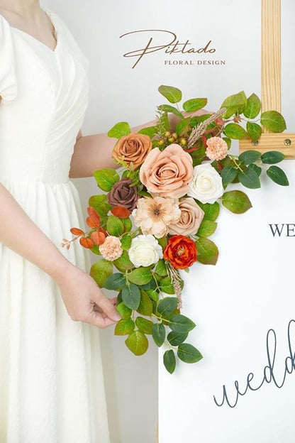 Wedding decor (pack of 2) Welcome Sign Flower Backdrop Garland For Ceremony Reception Wall Easel Home Decoration Entryway Faux Outdoor Board Head Table Decor (Orange & Terracotta)