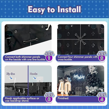 Qcity Iridescent Pink Shimmer Wall Backdrop 36PCS, Black Back Not See-Through Design, Square Sequin Glitter Backdrop Panel, Perfect for Outdoor Events, Birthdays, Wedding and Party Decoration