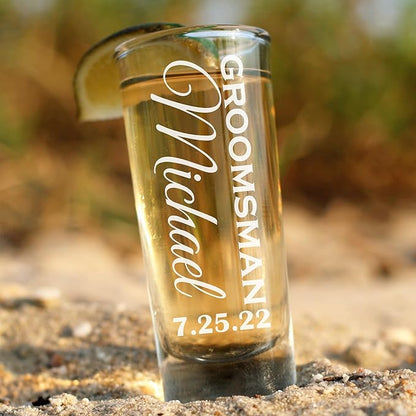 Custom Engraved 2 oz Shot Glass – Personalized Etching – Groomsman & Bridesmaid Gift – Wedding Favor Shot Glasses Set of Six