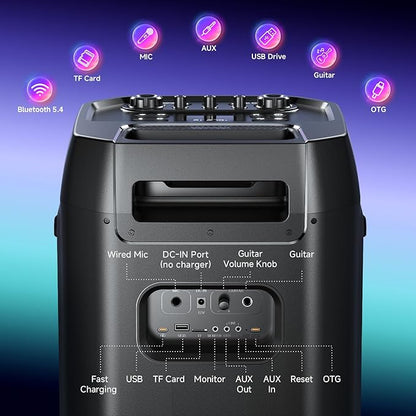 W-KING Portable Speaker Bluetooth Partybox Loud, 370W MAX Pro Sound, Deepest Bass,Large Outdoor Boom Box Wireless,Telescopic Handle&Sturdy Wheels, 25H, Futuristic Light,CSB,MIC&Guitar in,Fast Charge