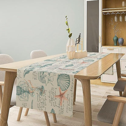 Starfish Table Runner,Seashells Beach Coastal Nautical Sailboat Jellyfish Vintage Hand Drawn Burlap for Hotel Indoors Outdoor Dining Room Kitchen Table Decor, 13x80in