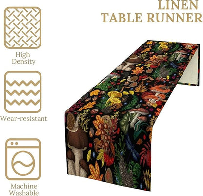 Nature Mushroom Table Runner,Retro Boho Floral Botanical Plant Forest Pattern Print Tablecloth Burlap for Hotel Indoors Outdoor Dining Room Kitchen Holiday Party, 13x108in