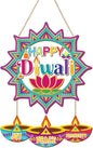 CHDITB Happy Diwali Front Door Sign Wreath(15"x11"), Wooden Lotus Rangoli Diyas Indian Festival of Lights Decoration Wall Hanging, Colorful Deepavali Themed Hanger Decor for Porch Home Office Party